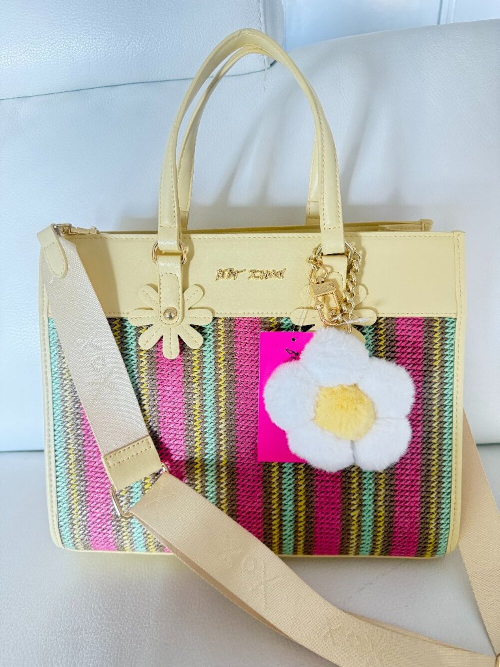 NWT Betsey Johnson Woven Stripe Daisy Tote Crossbody Bag w/ Flower Charm